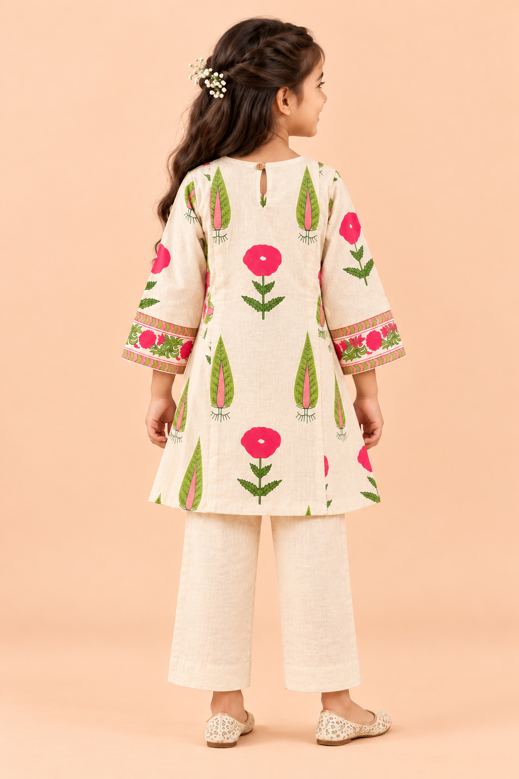 Girls Khadi Pink Floral Co-ord