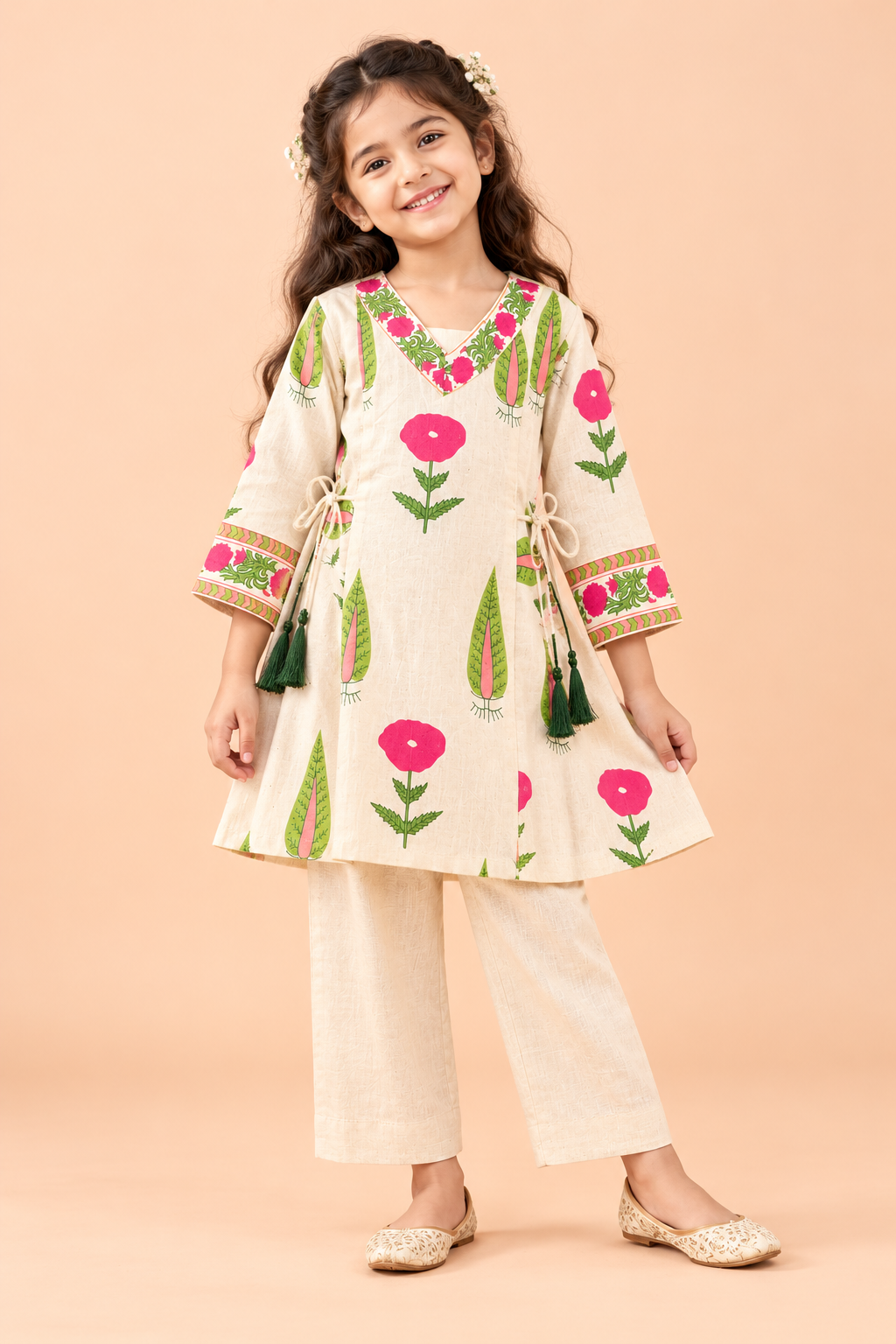 Girls Khadi Pink Floral Co-ord