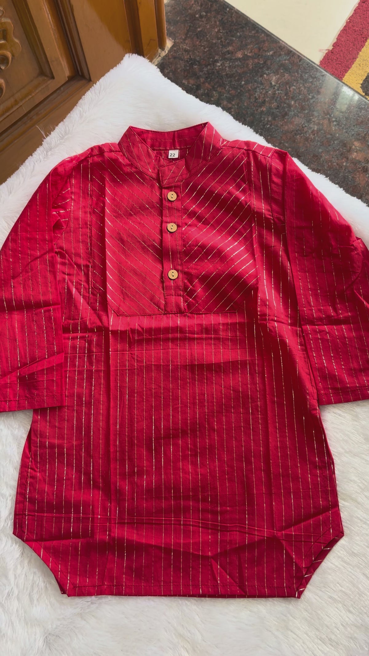 Red With Silver Striped Boys Kurta Pajama Set