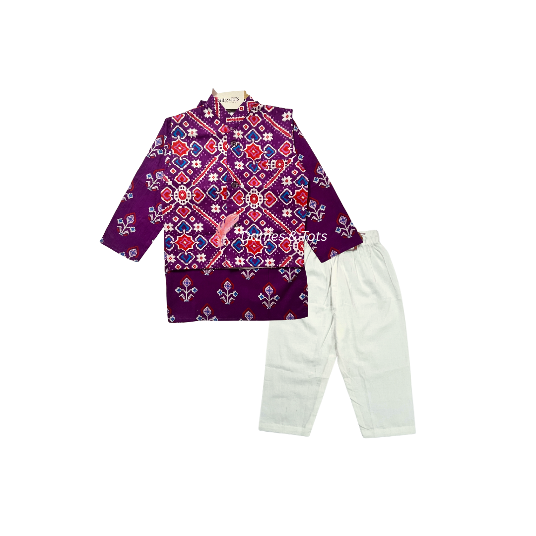 Purple Kurta With Beautiful Ikat printed Jacket And Pyjama