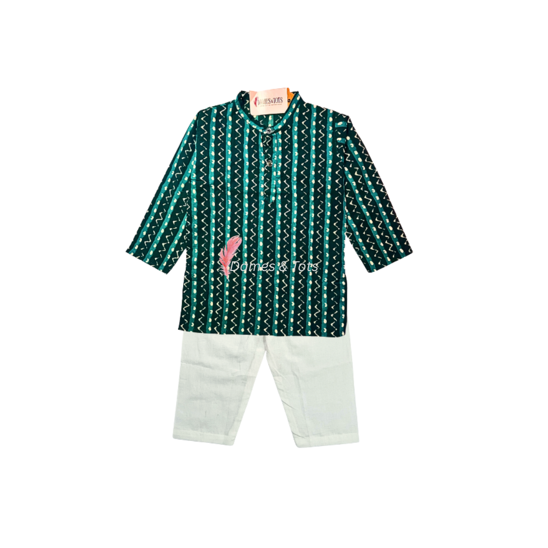 Green Kurta With Beautiful Ikat printed Jacket And Pyjama