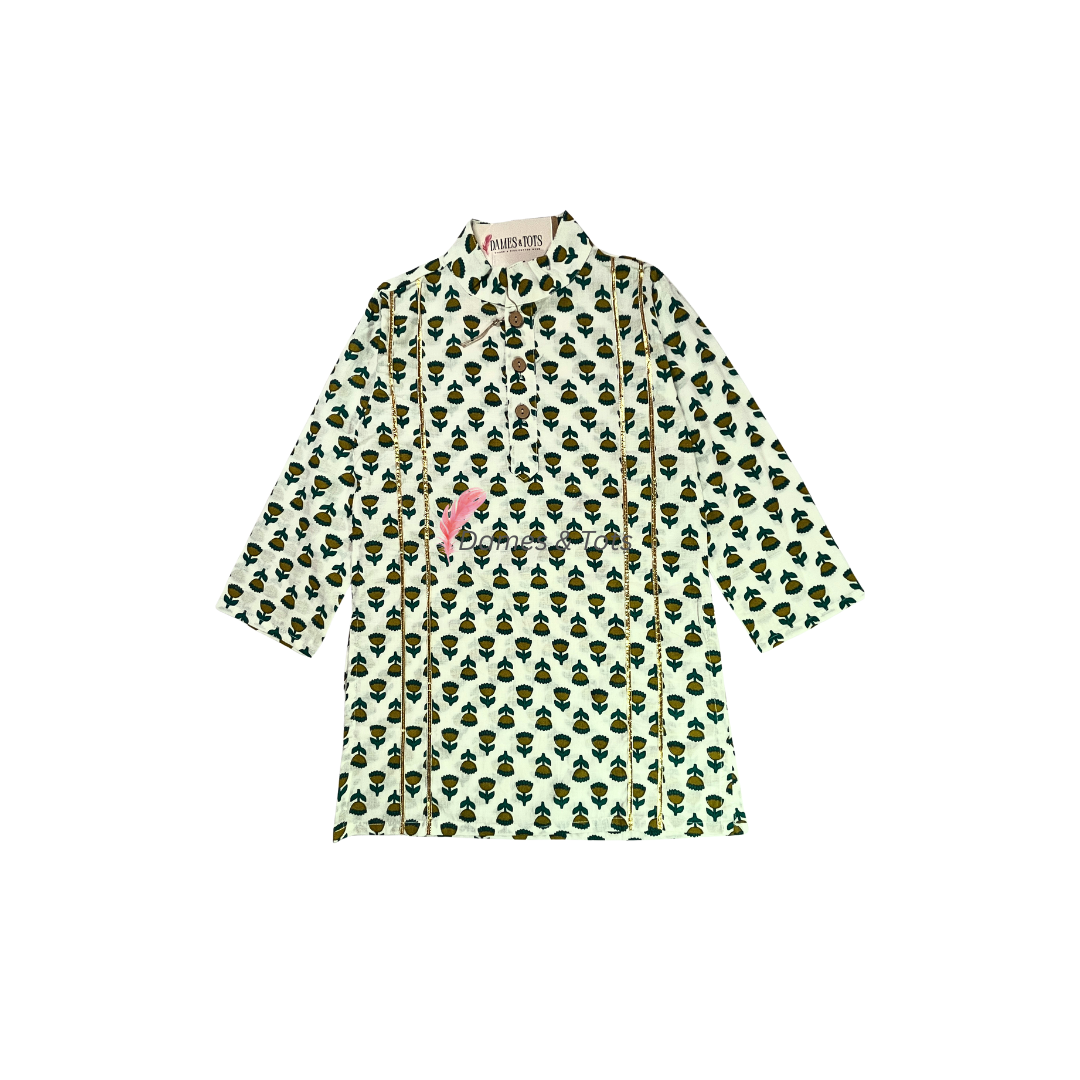Charming White Kurta and flower printed Set for Boys