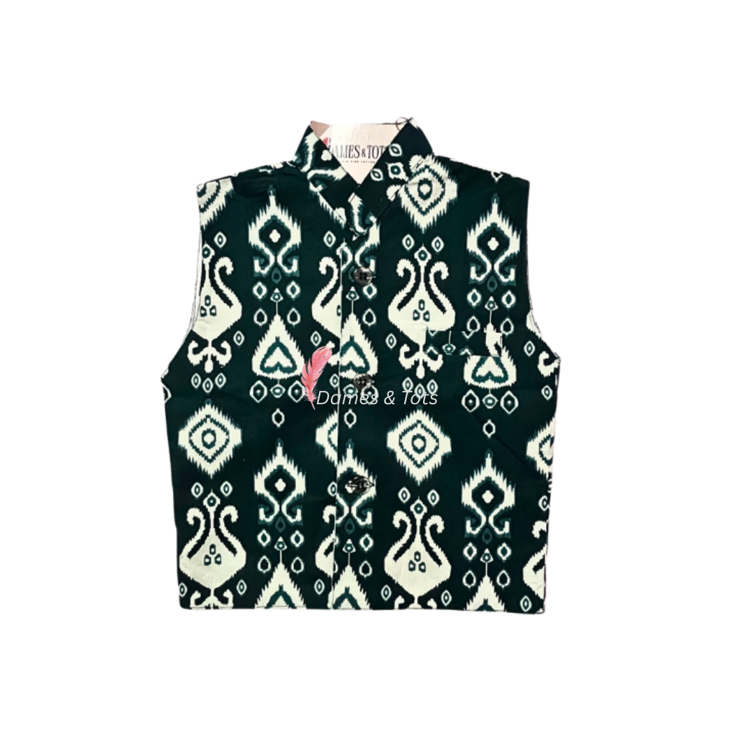 Green Kurta With Beautiful Ikat printed Jacket And Pyjama