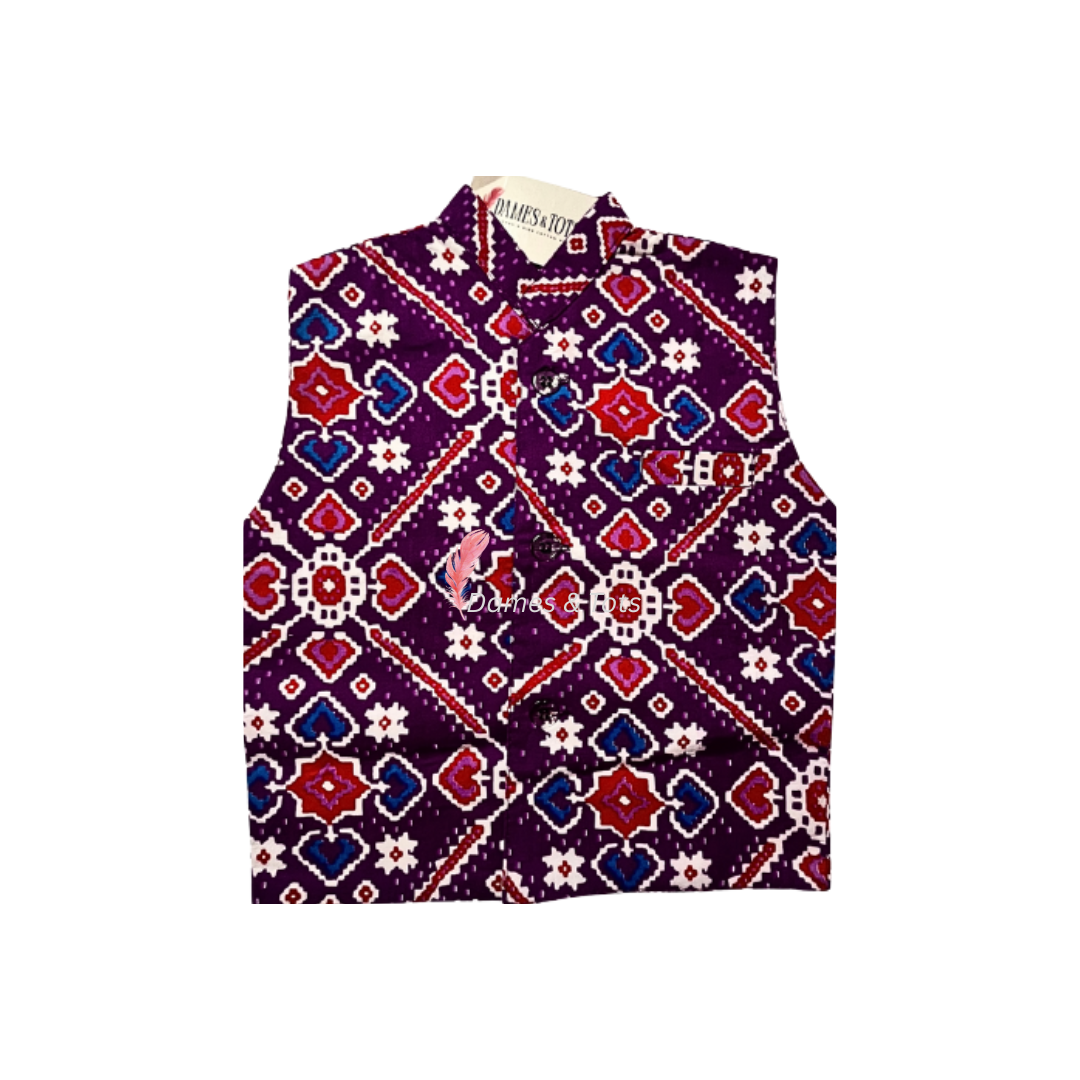 Purple Kurta With Beautiful Ikat printed Jacket And Pyjama