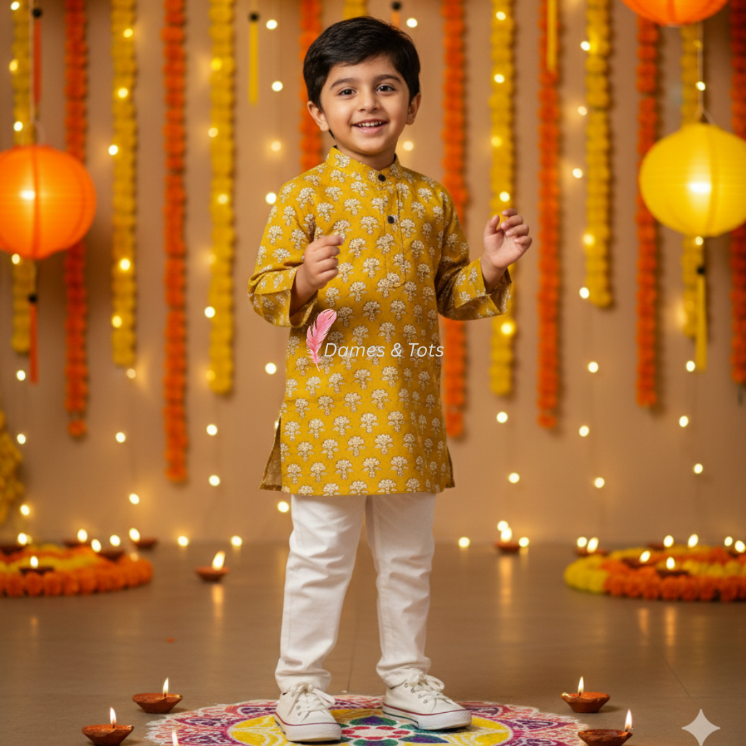 Mustard Yellow Kurta Set with Elegant White Pants