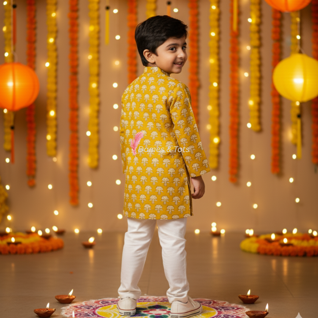 Mustard Yellow Kurta Set with Elegant White Pants