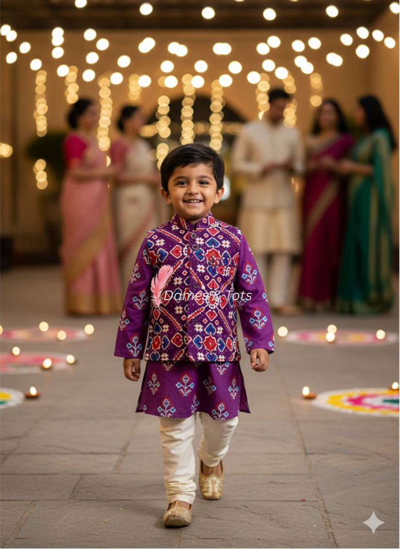 Purple Kurta With Beautiful Ikat printed Jacket And Pyjama