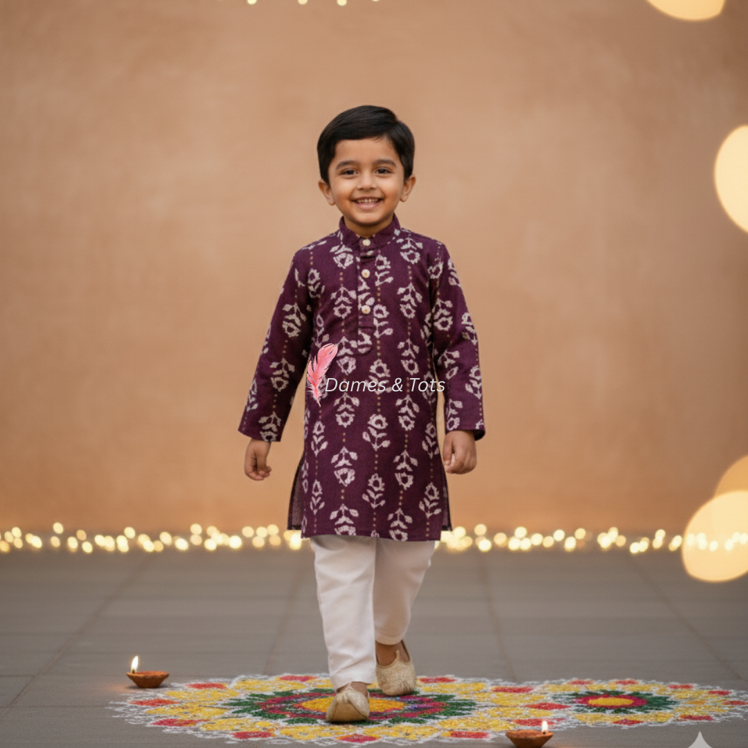 Trendy Purple & White Batik Printed Kurta Set for Boys