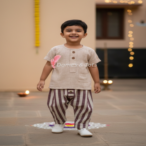 Adorable Baby Boy's Striped Linen Cotton Kurta pant set