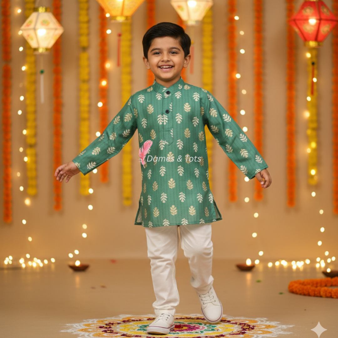 Olive Green Chanderi kurta Pant Set – Boys Ethnic wear