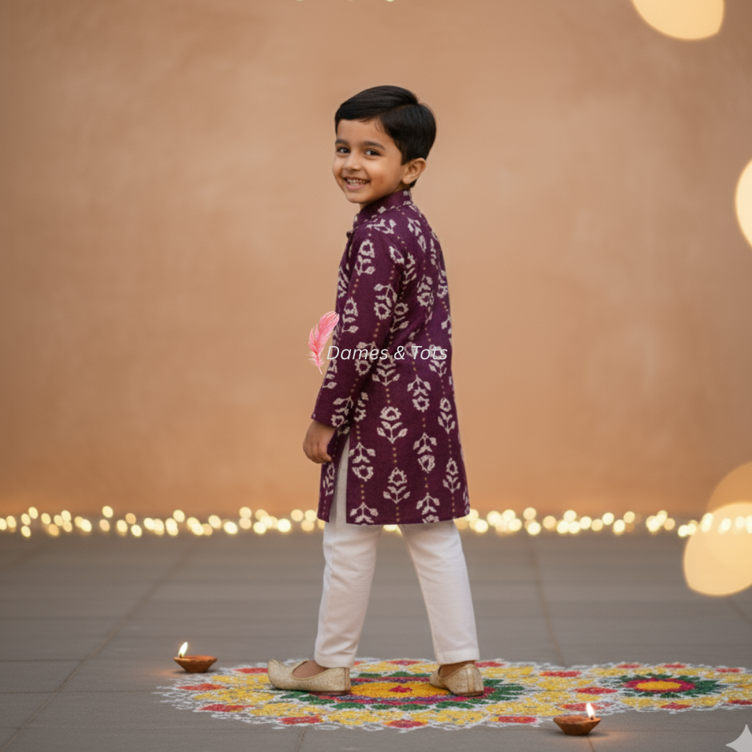 Trendy Purple & White Batik Printed Kurta Set for Boys