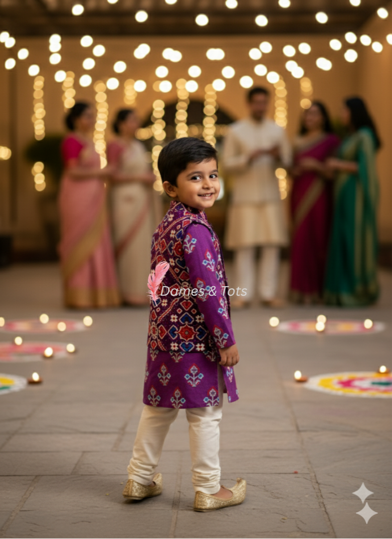 Purple Kurta With Beautiful Ikat printed Jacket And Pyjama