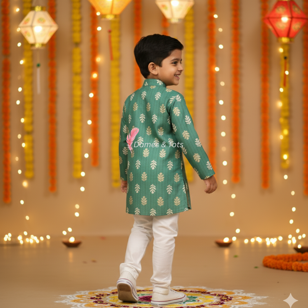 Olive Green Chanderi kurta Pant Set – Boys Ethnic wear