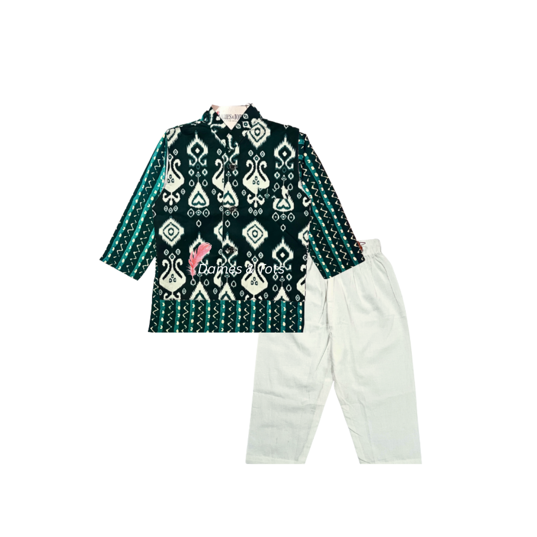 Green Kurta With Beautiful Ikat printed Jacket And Pyjama
