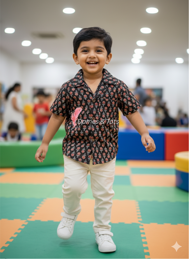 Boys' Black and Red Patterned Cotton Shirt