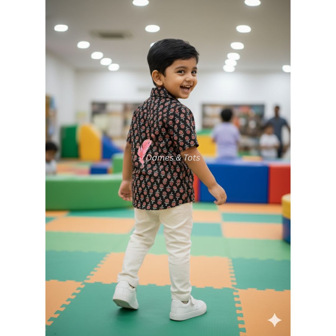 Boys' Black and Red Patterned Cotton Shirt