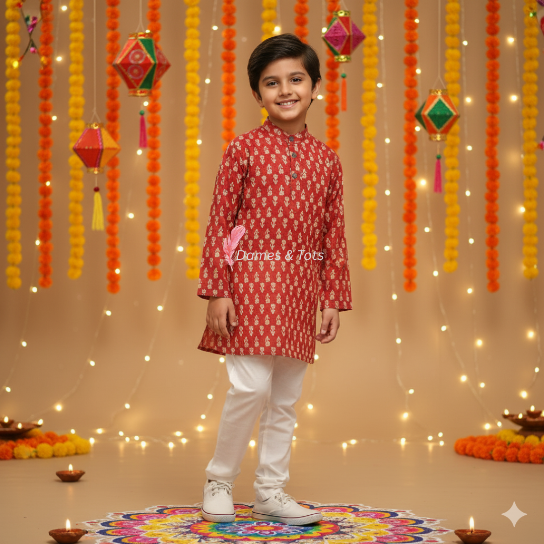 Red Printed Kurta with White Pyjama | Pure Cotton Ethnic Wear Set