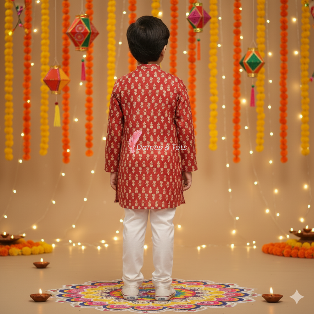 Red Printed Kurta with White Pyjama | Pure Cotton Ethnic Wear Set