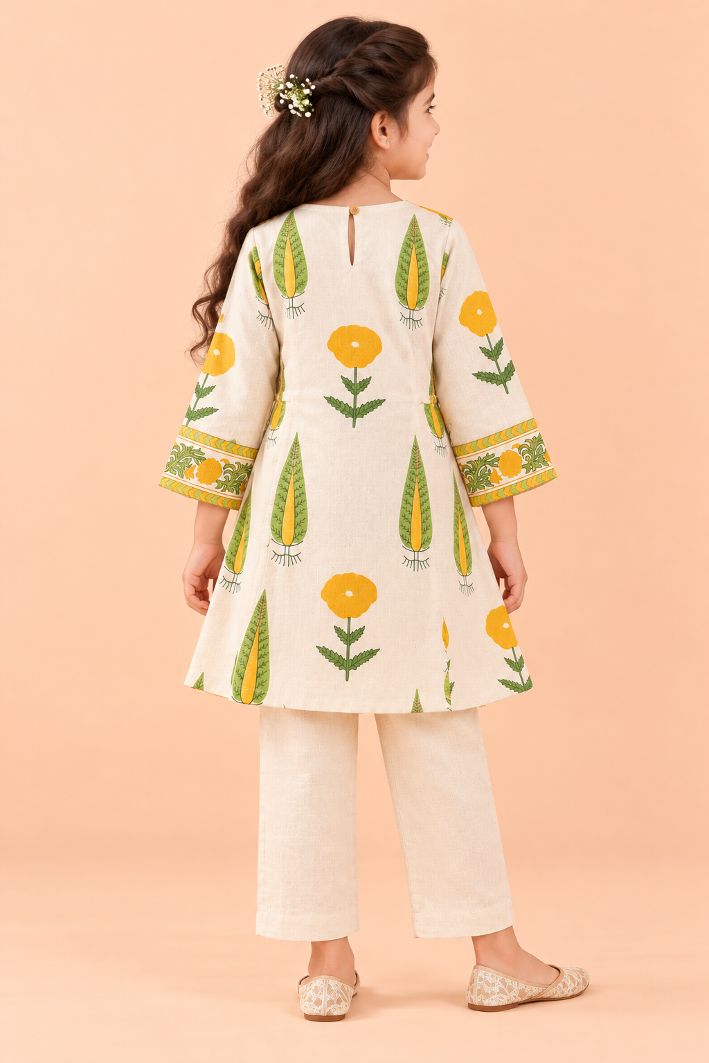 Girls Khadi Yellow Floral Co-ord