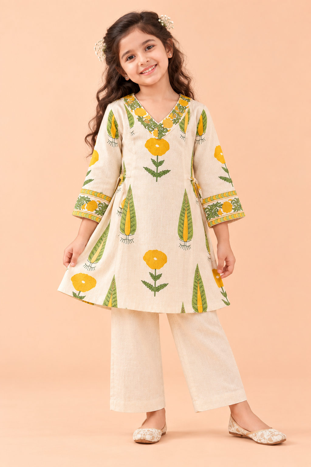 Girls Khadi Yellow Floral Co-ord